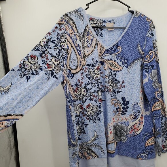 Chico's Floral Print Long Sleeve V Neck Tunic Top Women Size 2 US Large Paisley - Picture 2 of 11